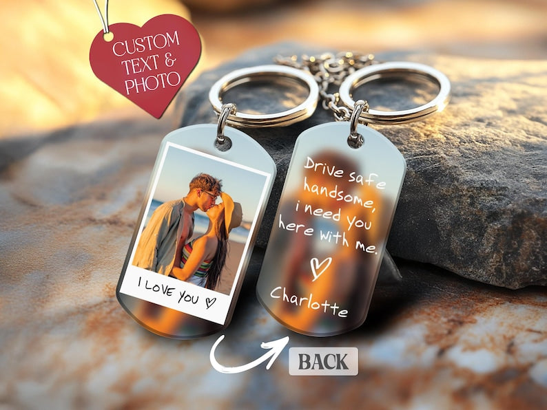 Boyfriend Keychain, Custom Boyfriend Gifts, Couple Photo Keychain, Personalized Keychain for Men, Drive Safe Dad Keychain, Photo Car Decor