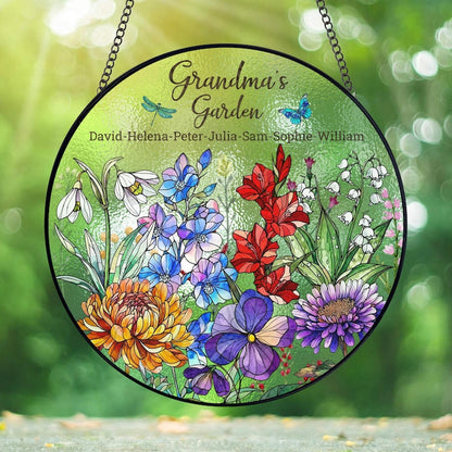 Personalized Birth Flowers Stained Glass Suncatcher, Custom Grandma's Garden Gift, Mom Gift, Grandma Gift From Grandkids