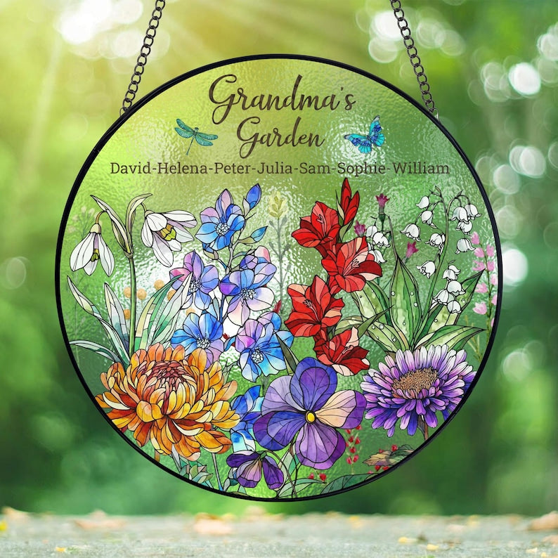 Personalized Birth Flowers Stained Glass Suncatcher, Custom Grandma's Garden Gift, Mom Gift, Grandma Gift From Grandkids