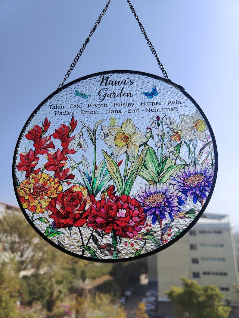 Personalized Birth Flowers Stained Glass Suncatcher, Custom Grandma's Garden Gift, Mom Gift, Grandma Gift From Grandkids
