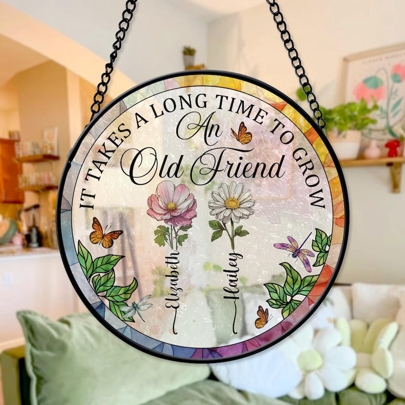 Retro Birth Month Flowers Old Friends Stained Glass Suncatcher, Vintage Acrylic Birth Flower Glass For Sister Bestie Best friends Decor Name