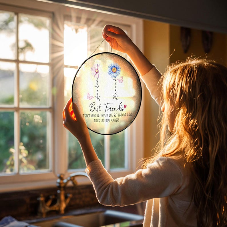 Personalized Best Friend Birth Month Flower Stained Glass Suncatcher, Friendship Gift, Best Friend Gifts, Bestie Gifts, Friendship Ornament