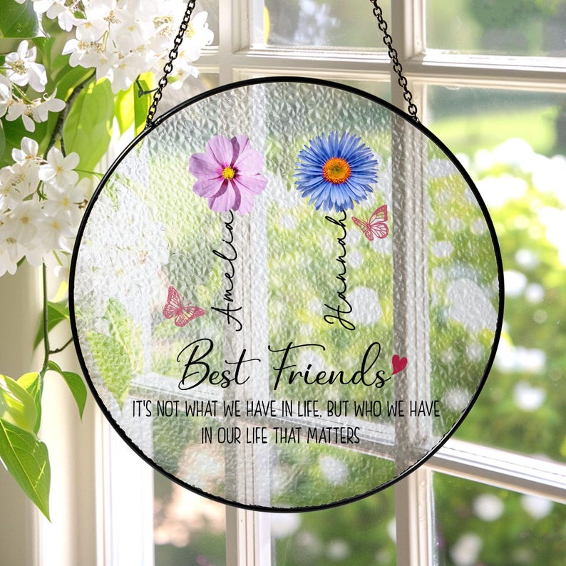 Personalized Best Friend Birth Month Flower Stained Glass Suncatcher, Friendship Gift, Best Friend Gifts, Bestie Gifts, Friendship Ornament