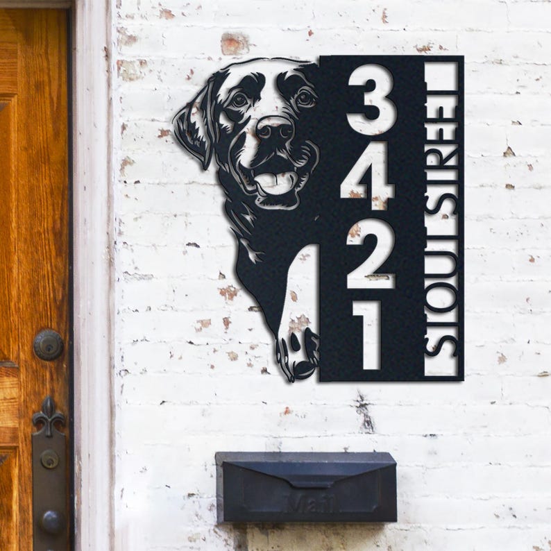 Dog House Number, Dog Address Sign, Labrador Sign, Vertical House Number Plaque for Outdoor Use
