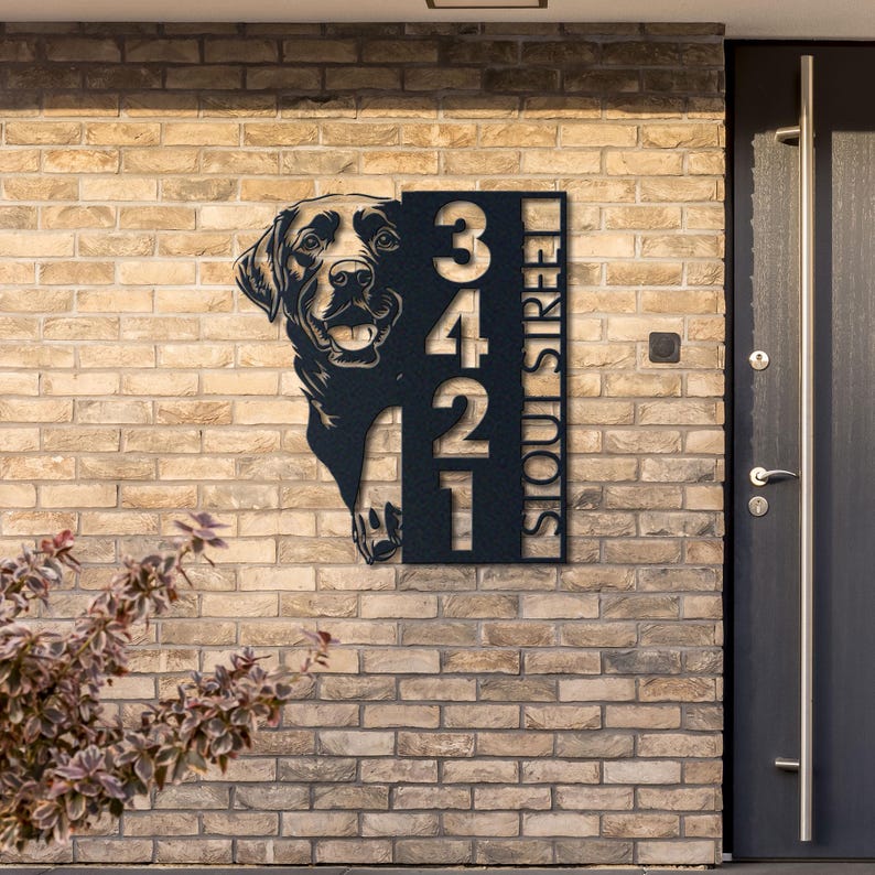 Dog House Number, Dog Address Sign, Labrador Sign, Vertical House Number Plaque for Outdoor Use