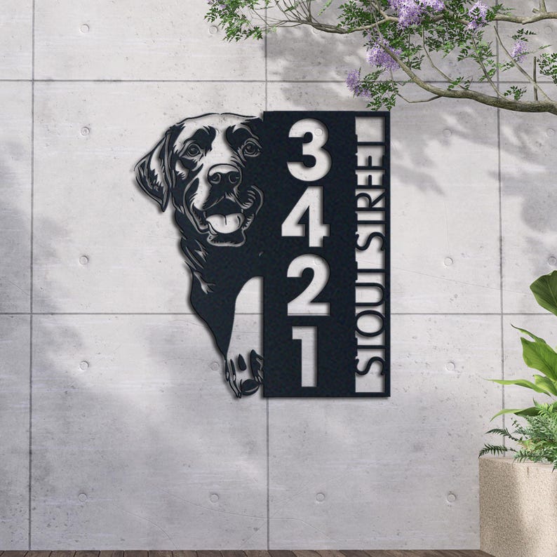 Dog House Number, Dog Address Sign, Labrador Sign, Vertical House Number Plaque for Outdoor Use