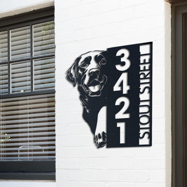 Dog House Number, Dog Address Sign, Labrador Sign, Vertical House Number Plaque for Outdoor Use
