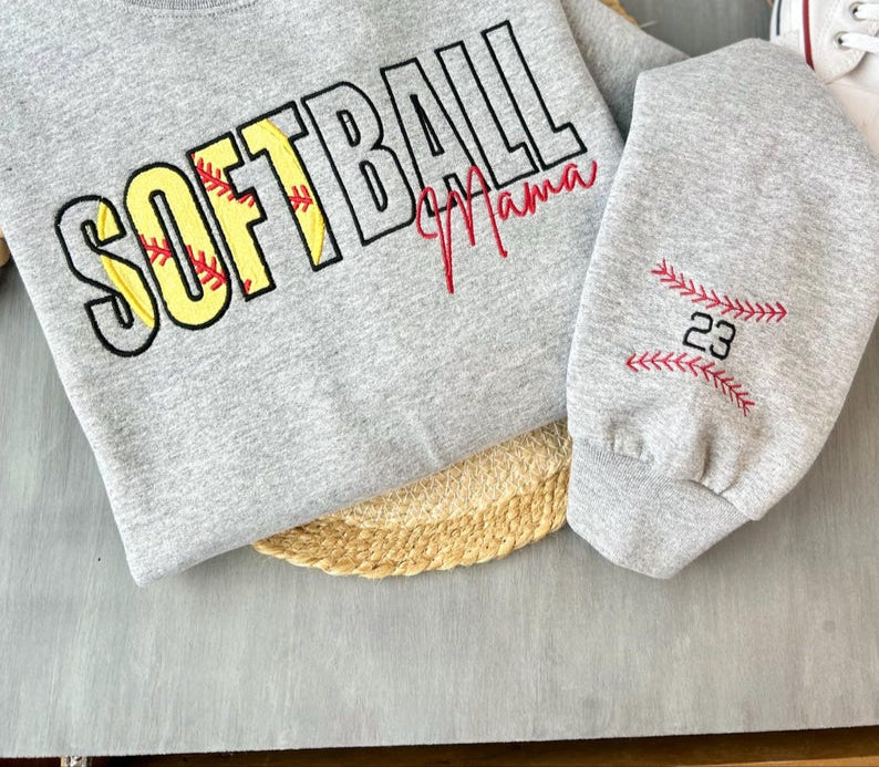 Embroidered Softball Sweatshirt Gift for Mom, Personalized Softball Mama Sweatshirt, Team Mom Spirit Wear Gift, Sports Team Gift for Mom