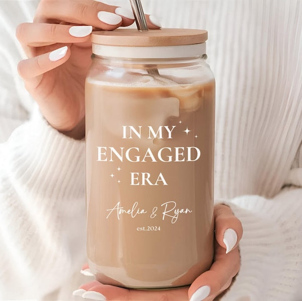 Personalized Engagement Gift Glass Tumbler, In My Wifey Era cup Gift for Bride, Glass Tumbler with straw and lid, Bridal shower in my Wife