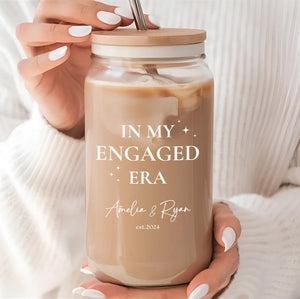 Personalized Engagement Gift Glass Tumbler, In My Wifey Era cup Gift for Bride, Glass Tumbler with straw and lid, Bridal shower in my Wife