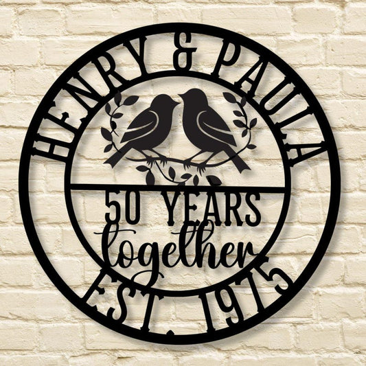 Personalized 50th Wedding Anniversary Lovebirds Metal Wall Art Sign For Parents Custom Wedding Gift For Husband and Wife Milestone Gift