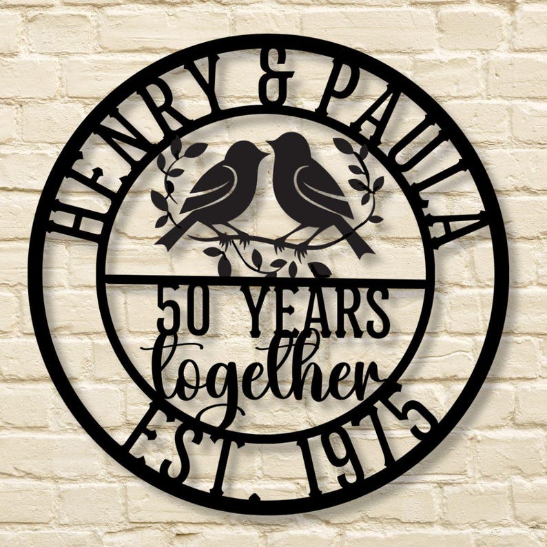 Personalized 50th Wedding Anniversary Lovebirds Metal Wall Art Sign For Parents Custom Wedding Gift For Husband and Wife Milestone Gift