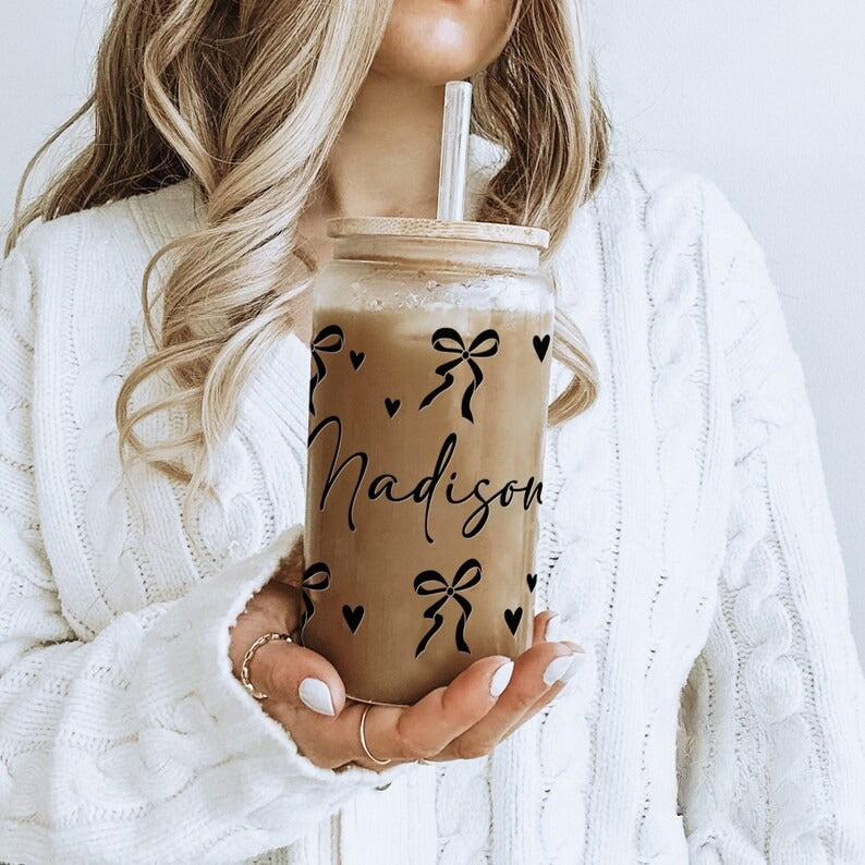 Custom Glass Tumbler Valentine Day, Personalized Glass Cup Galentines Gift, Cute Valentine Coquette Gift Best Friends