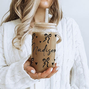 Custom Glass Tumbler Valentine Day, Personalized Glass Cup Galentines Gift, Cute Valentine Coquette Gift Best Friends