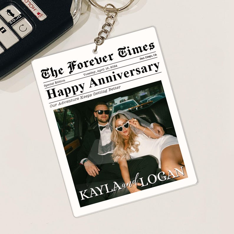 Custom Photo Keychain, Couple Keychain, Valentine Keychain, Couple Newspaper Keychain, Valentines Day Gifts for Him, Anniversary Gift