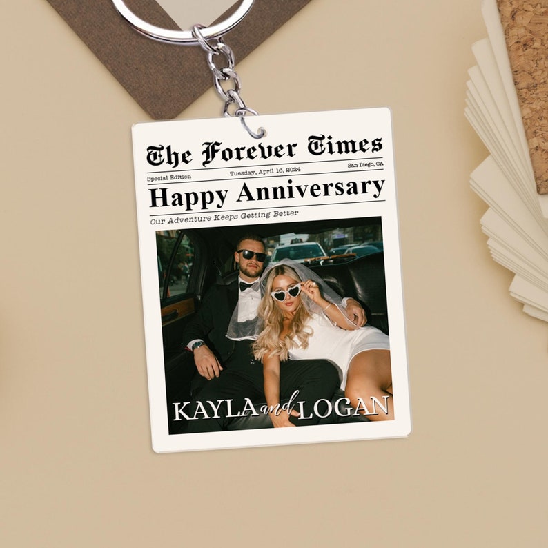 Custom Photo Keychain, Couple Keychain, Valentine Keychain, Couple Newspaper Keychain, Valentines Day Gifts for Him, Anniversary Gift