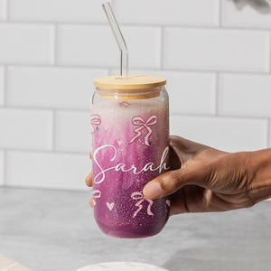 Custom Glass Tumbler Valentine Day, Personalized Glass Cup Galentines Gift, Cute Valentine Coquette Gift Best Friends