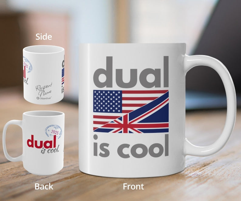 US Citizenship Gift Mug, Dual Citizenship, New American Citizen Mug, New American US Citizen Personalized Gift; Mug Split-Flag 1 US