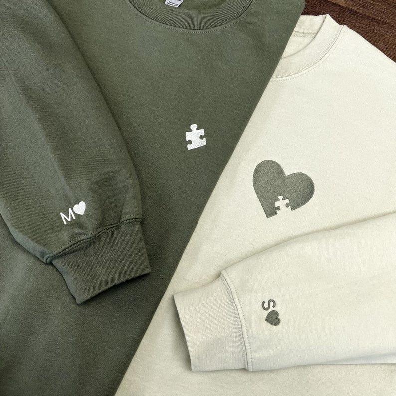 Custom Embroidered Heart and Puzzle Piece Sweatshirt, Initial With Heart On Sleeve, Anniversary Gift, Couple Hoodie, Valentines Day Gift