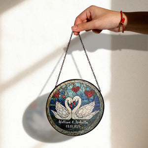 Elegant Swan Couple Stained Glass Panel with Personalized Names and Heart Design, Perfect Valentine's Day, Wedding, or Anniversary Gift