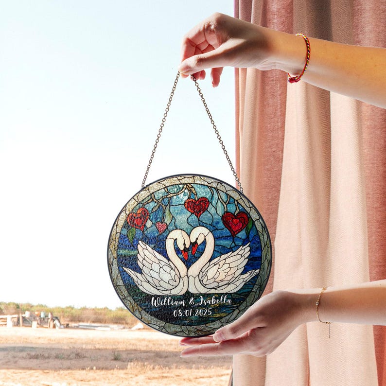 Elegant Swan Couple Stained Glass Panel with Personalized Names and Heart Design, Perfect Valentine's Day, Wedding, or Anniversary Gift