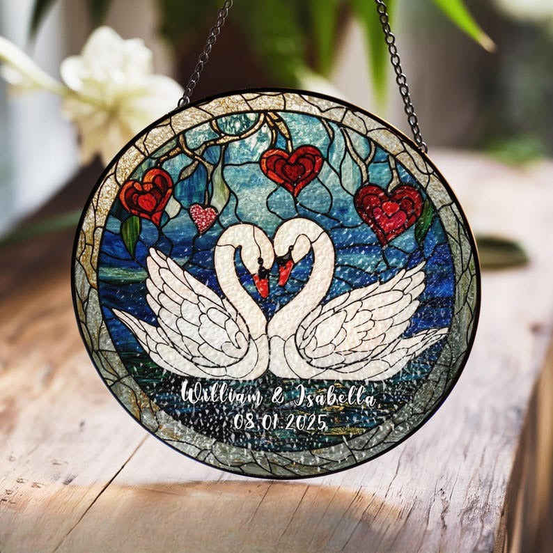 Elegant Swan Couple Stained Glass Panel with Personalized Names and Heart Design, Perfect Valentine's Day, Wedding, or Anniversary Gift
