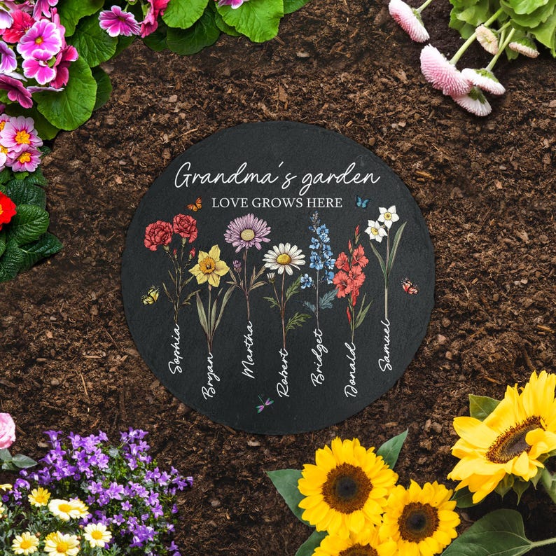 Personalized Grandma's Garden Stone, Love Grows Here Garden Stone Gift, Custom Birth Month Flower Garden Stone, Mother's Day Gift 2025