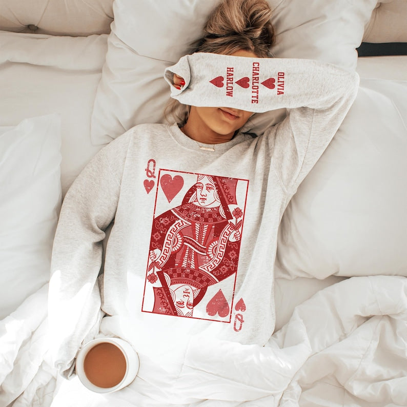 Queen of Hearts Personalized Valentine Custom Sweatshirt Gift Mom - Custom Name Valentine Gift Wife - Galentines Matching Shirt Kids Names
