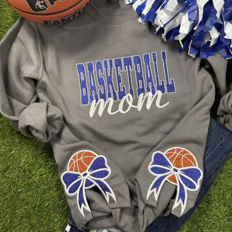 Basketball Mom Glitter Embroidered Sweatshirt with Glitter Embroidered Bows Personalized gift for Mom, Mother's day gift sport mom gift