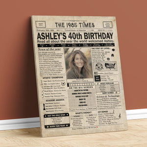 40th Birthday newspaper poster, Custom Poster Canvas 40th birthday party decor, Birthday poster containing news & highlights from 1985