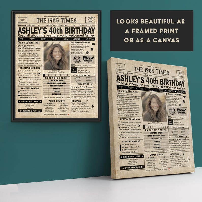 40th Birthday newspaper poster, Custom Poster Canvas 40th birthday party decor, Birthday poster containing news & highlights from 1985