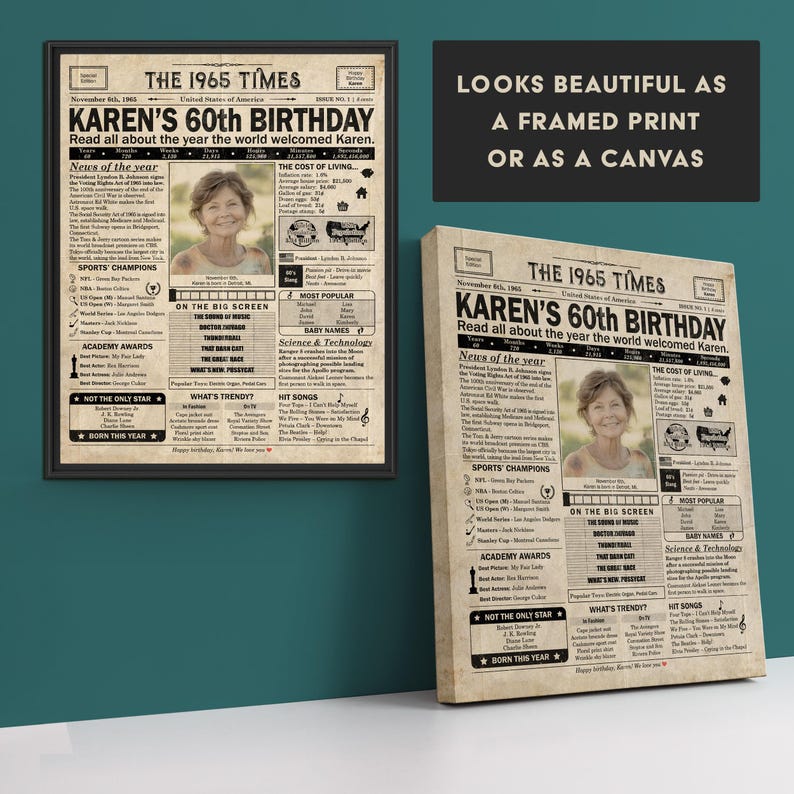 60th Birthday newspaper poster, Custom Poster Canvas 60th birthday party decor, Birthday poster containing news & highlights from 1965