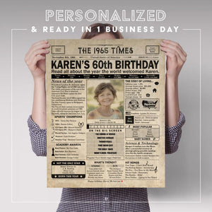 60th Birthday newspaper poster, Custom Poster Canvas 60th birthday party decor, Birthday poster containing news & highlights from 1965