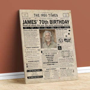 70th Birthday newspaper poster, Born in 1955  Custom Canvas Poster 70th birthday party decor, Birthday poster containing news & highlights from 1955