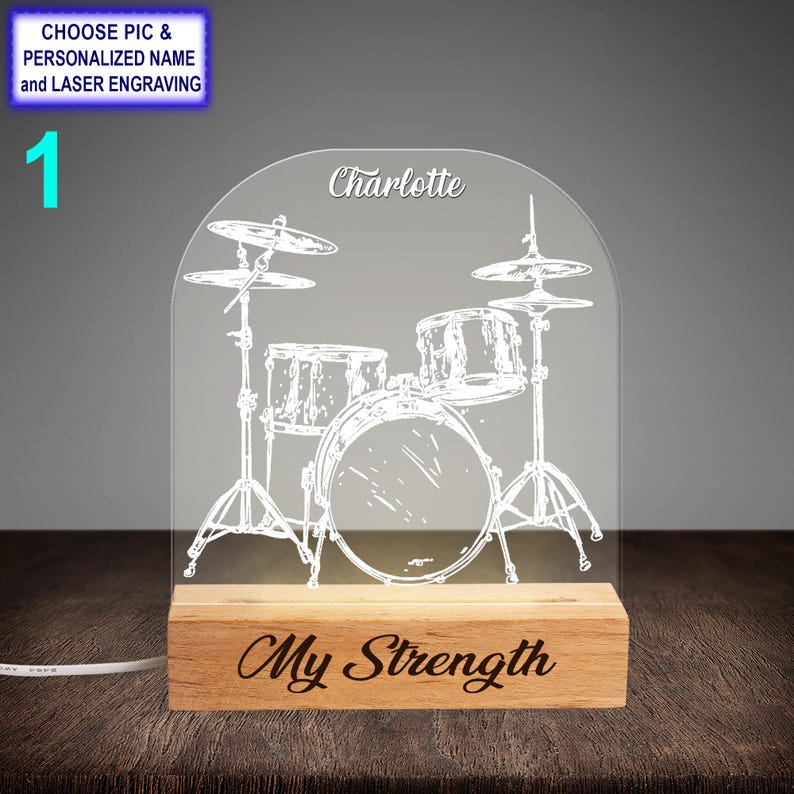 Personalized Drum Set Acrylic Night Light with Name Engraving, Beech Wood LED Lamp, Custom Laser Engraved Night Light Gift