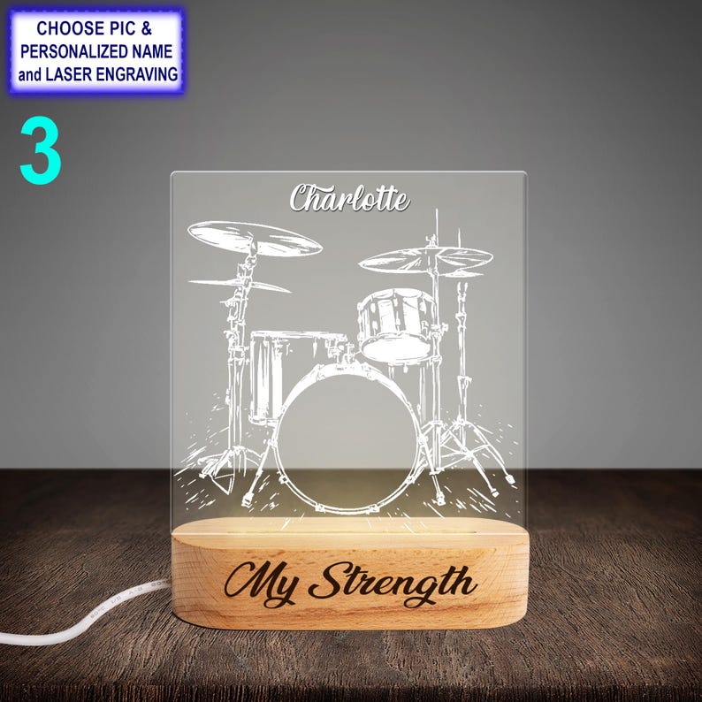 Personalized Drum Set Acrylic Night Light with Name Engraving, Beech Wood LED Lamp, Custom Laser Engraved Night Light Gift