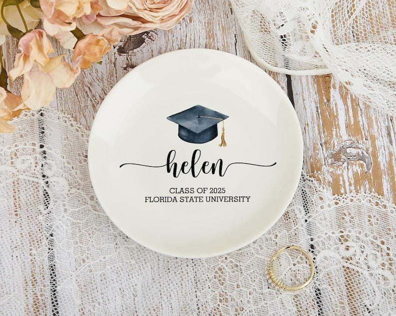 Personalized Graduation Jewelry Dish: Ceramic Ring Dish, Gift for Her, Class of 2026 Gifts