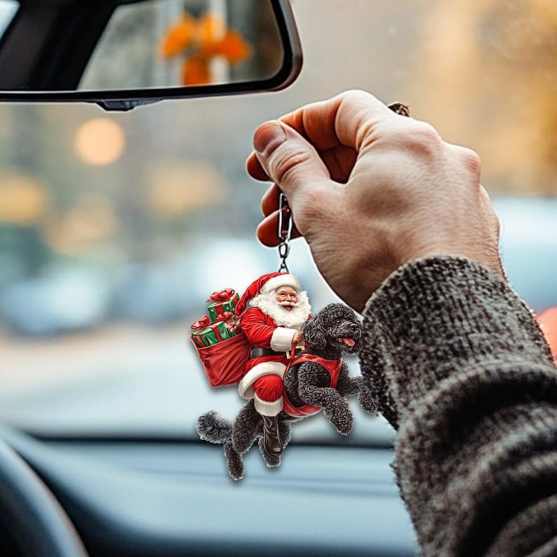 2D Flat Funny Black Poodle Ornament, Poodle Dog, Santa and Dog Ornament, Car Hanging Ornament, Christmas Gift, Dog Lover Gifts