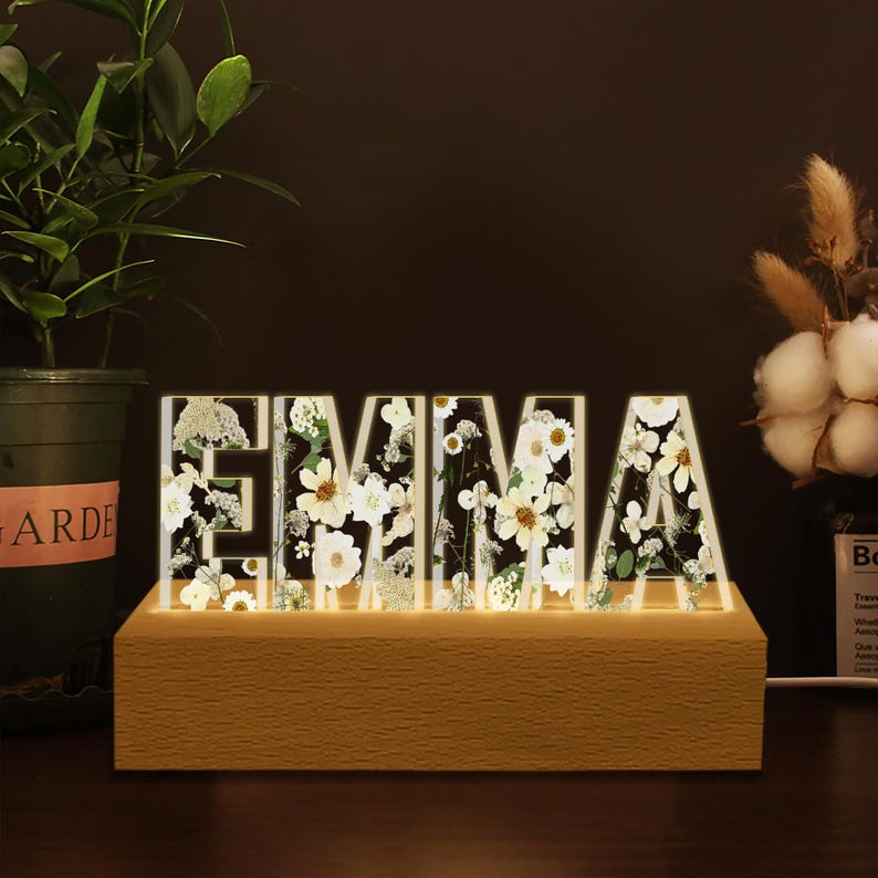 Personalized Name Night Light, Custom Floral Led Ligh With Your Name, Birthday Gift For Besties, Gift For Mom, Valentine Gift For Kids Girl