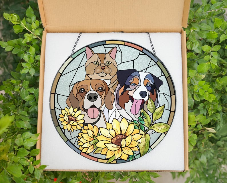 Custom Pet Stained Glass Suncatcher, Personalized Dog Memorial Portrait Suncatcher, Dog Cat Loss Glass Suncatcher, Pet Memorial Gift
