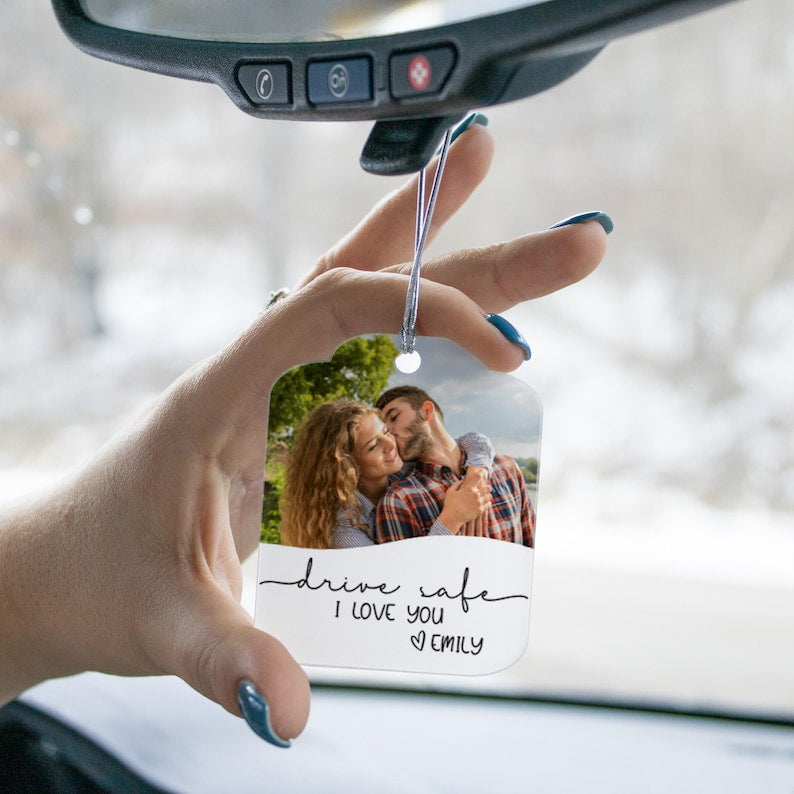 Personalized Photo Car Ornament | Valentine's Gift for Boyfriend | Custom Drive Safe Car Charm | Gift for Him | Husband Valentines Day Gift