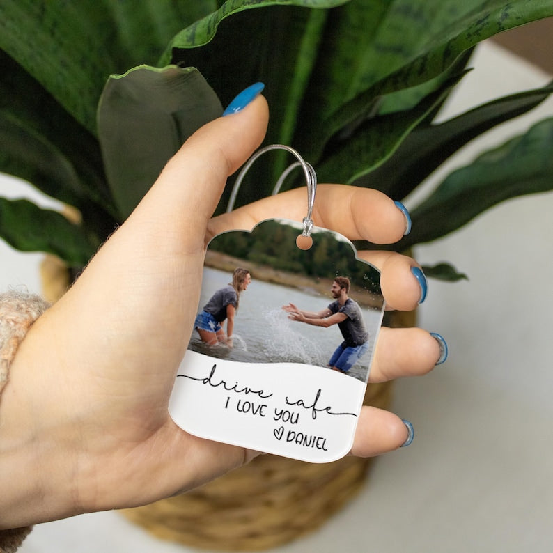 Personalized Photo Car Ornament | Valentine's Gift for Boyfriend | Custom Drive Safe Car Charm | Gift for Him | Husband Valentines Day Gift