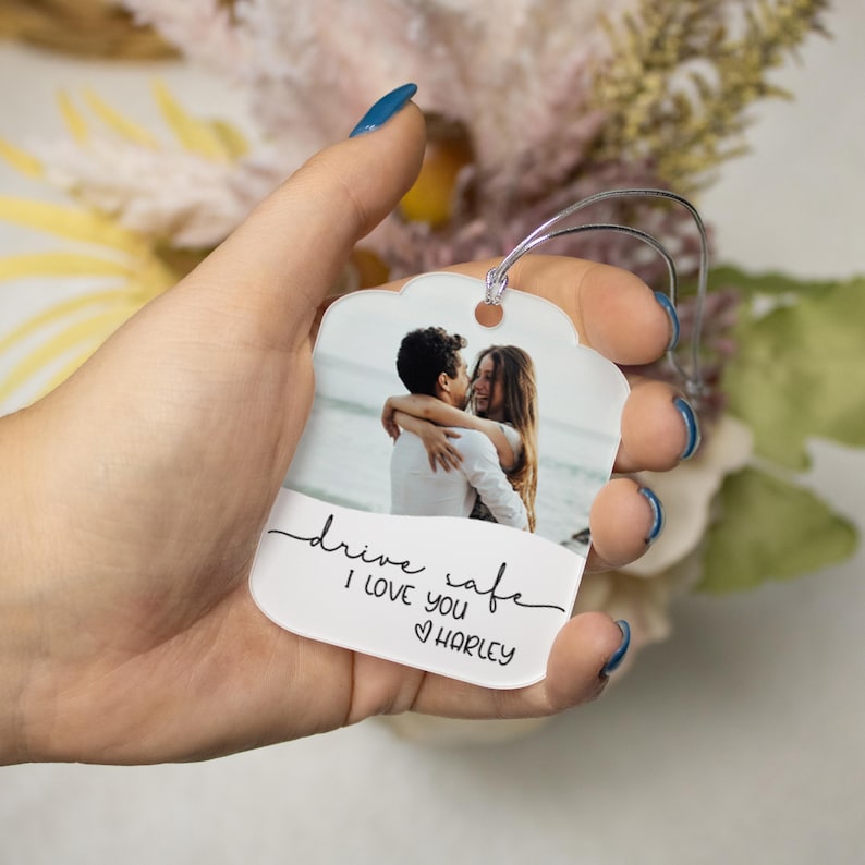 Personalized Photo Car Ornament | Valentine's Gift for Boyfriend | Custom Drive Safe Car Charm | Gift for Him | Husband Valentines Day Gift