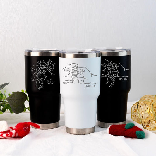 Dad Fist Bump Kids Names Tumbler, Christmas Gift for Daddy, Tumbler 30oz Stainless Steel Cup, Personalised Tumbler for Dad