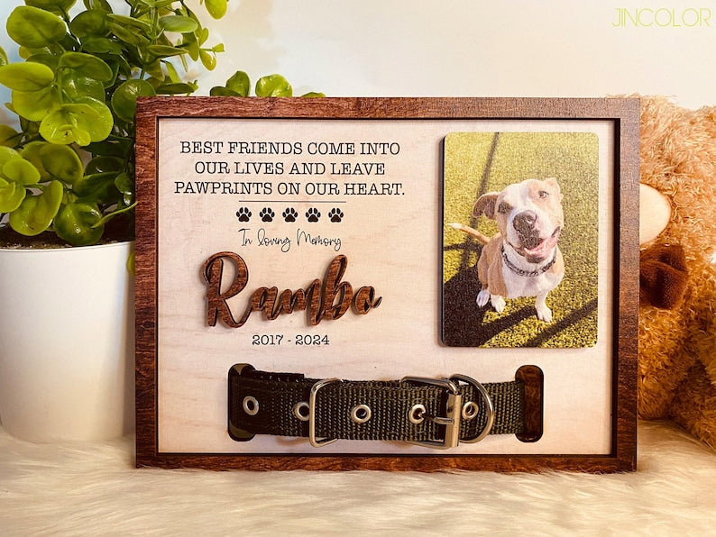 Personalized Dog Memorial Wood Frame With Collar Holder, Memorial Pet Collar Sign with Photo, Dog Memorial Gifts, Pet Loss Gifts