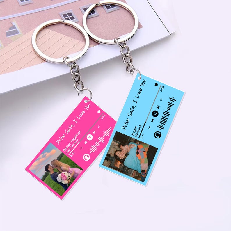 Song Keychain, Custom Photo Keychain, Couple Keychain, Music Keychain, Valentines Day Gift for Him, Drive Safe Gift, Photo Couple Gifts
