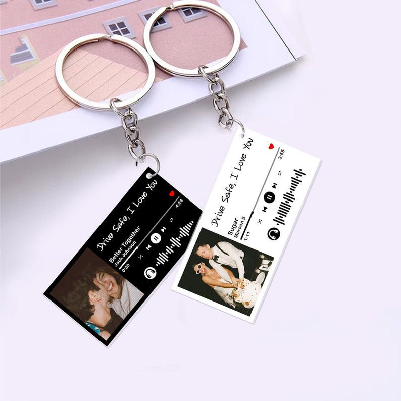 Song Keychain, Custom Photo Keychain, Couple Keychain, Music Keychain, Valentines Day Gift for Him, Drive Safe Gift, Photo Couple Gifts