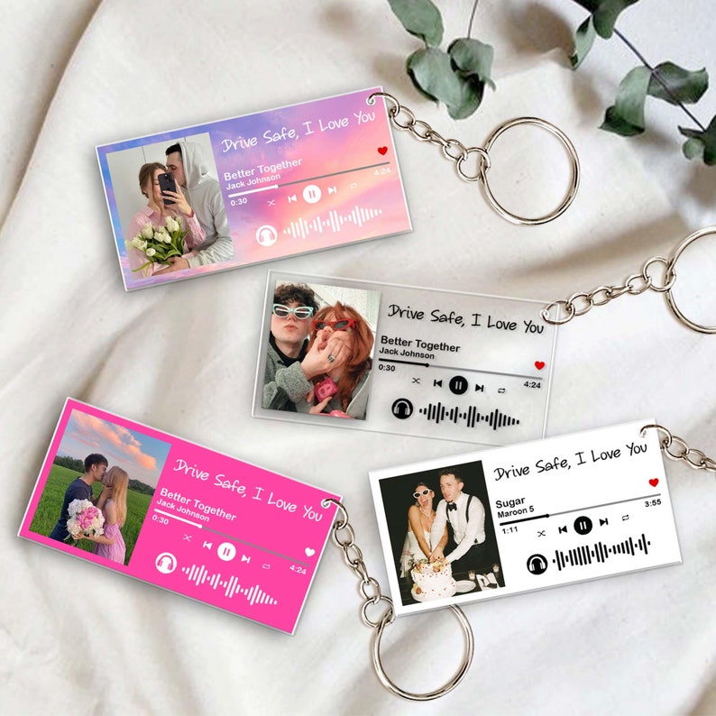 Song Keychain, Custom Photo Keychain, Couple Keychain, Music Keychain, Valentines Day Gift for Him, Drive Safe Gift, Photo Couple Gifts