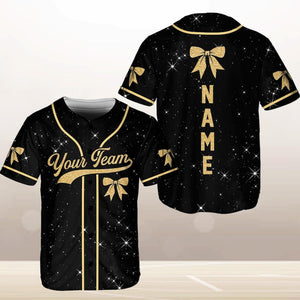 Personalized Team Name Number Bow Ribbon Baseball Jersey, Custom Cheer Baseball Jersey, Glitter Jersey (Printed Glitter, Not Glitter Fabric)