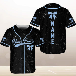 Personalized Team Name Number Bow Ribbon Baseball Jersey, Custom Cheer Baseball Jersey, Glitter Jersey (Printed Glitter, Not Glitter Fabric)